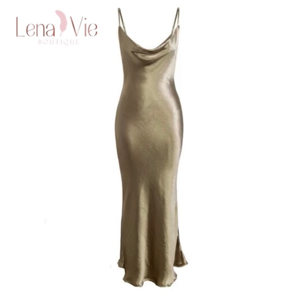 Lena Vie Champagne Addie May Slip Dress Hammered Soft Satin Long Gold Maxi Gown - Picture 3 of 12